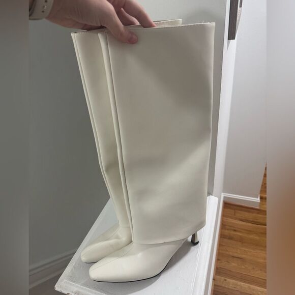 Cream Foldover Leather Heeled stiletto boots - Picture 9 of 10